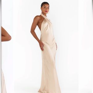 Show Me Your Mumu Jasmine Halter Dress Champagne Luxe Satin Sz L